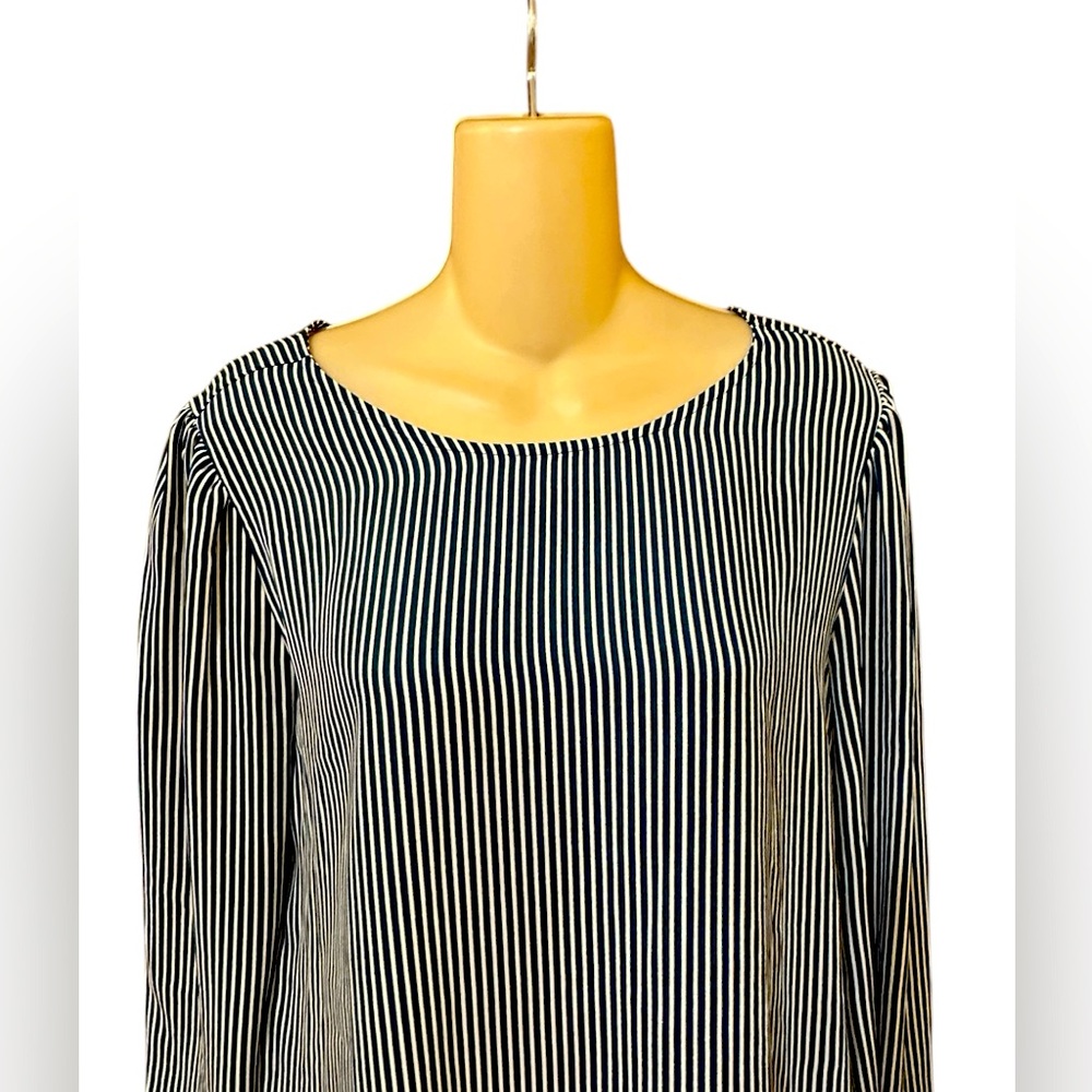 Loft Green & White Striped Blouse With Back V-Neck - Picture 2 of 10